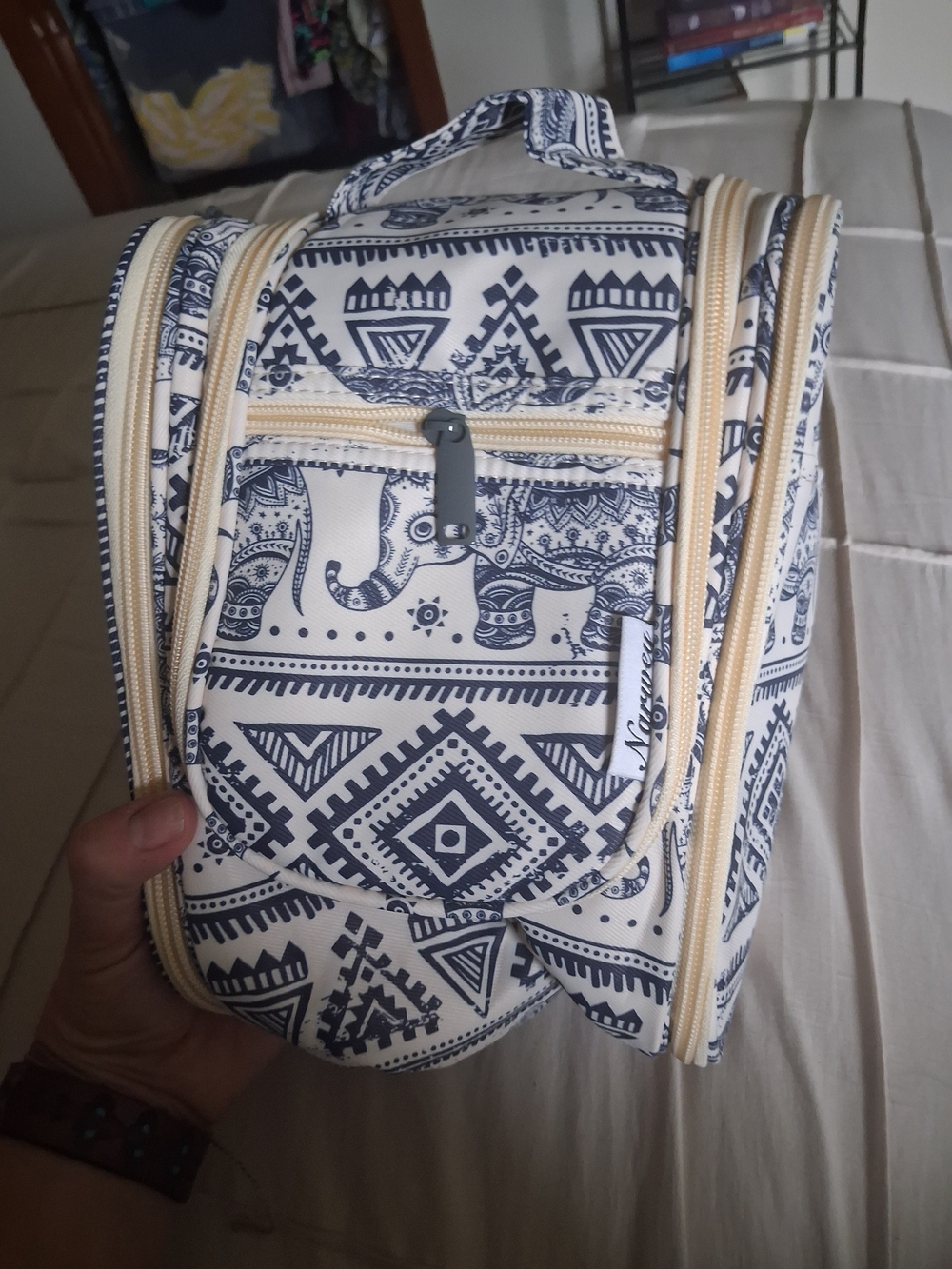 Navy & White Geometric Elephant Cosmetic Travel Case with Handle